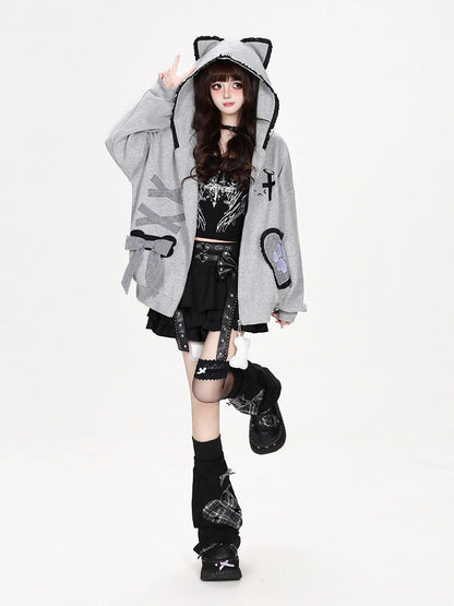 Kawaii Ruffled Kitty-Ear Hooded Jacket with Bow and Heart Patch in Grey - CRAZY GIRL