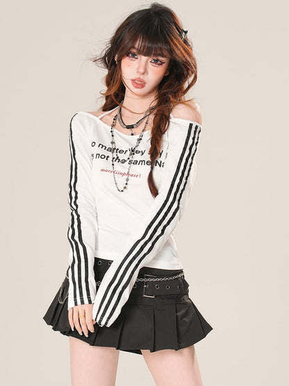 Ausschnitt Off-the-Shoulder Ärmel Letter Print Top Bittersweet Schwarz/Weiß Lang Glamourös