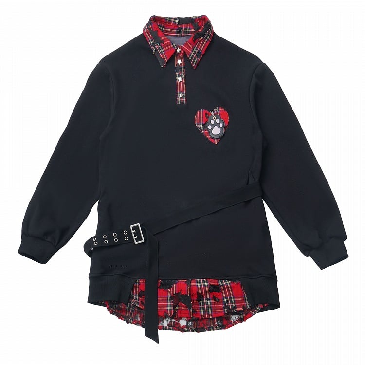 Black Distressed Shirt Dress with Red Plaid Heart Appliqué