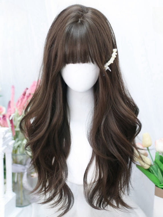 Braune 60 cm lange gewellte Perücke mit vollem Pony