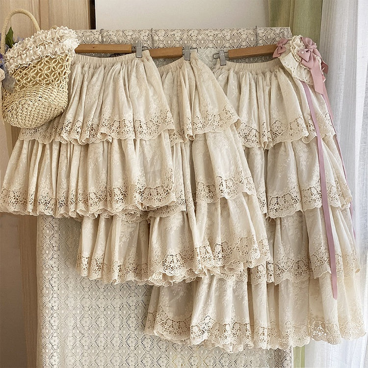 Beige Multi-layer Ruffles Elegant Lolita Skirt Floral Embroidery Details - Miss Point