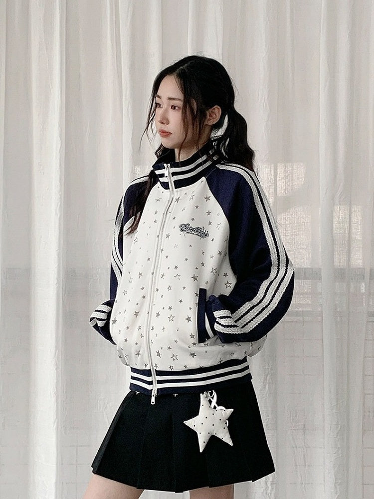 White Dark Blue Striped Star Print Jacket - Solkatt