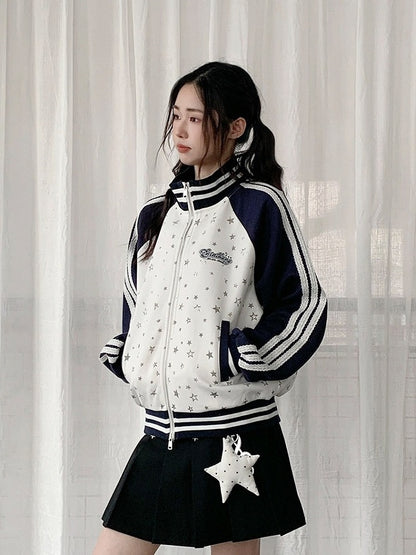 White Dark Blue Striped Star Print Jacket - Solkatt