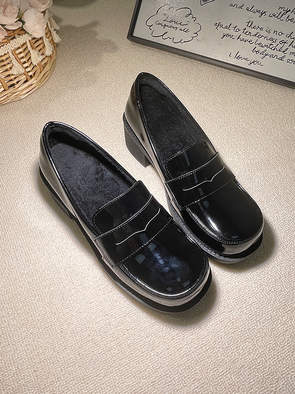 Low-heel/Mid-heel Black Preppy Style Loafers with Fleece Lining & Slip-in Fit Design
