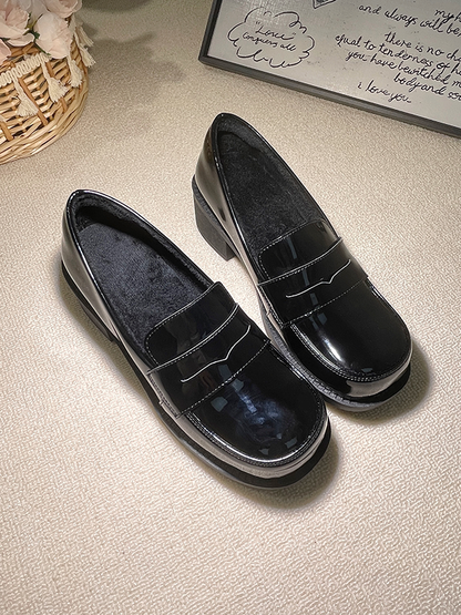 Low-heel/Mid-heel Black Preppy Style Loafers with Fleece Lining & Slip-in Fit Design