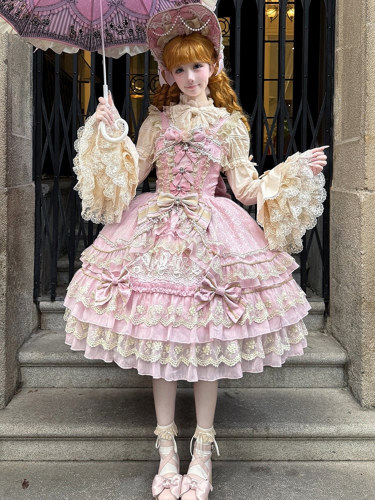 Schleife Kette Perlen Ausschnitt Rosa Lolita Kleid Prinzessin Blume Wunderschöne