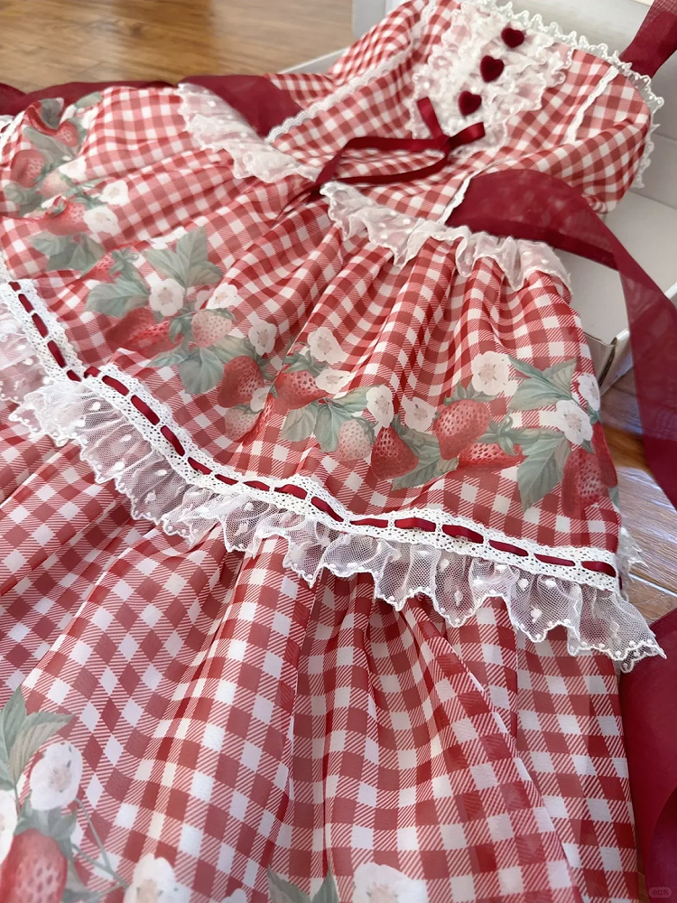 Strawberry Print Red Lolita Picnic Gingham Dress Sweet Lolita Jumper Skirt