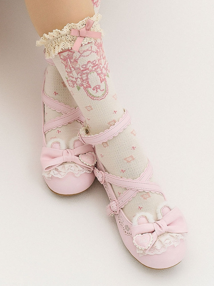 Bear Design Lolita Ear - Sweet Buttons Plush Janes Heart Adjustable Mary Crisscross with Bow Pink PU Snap