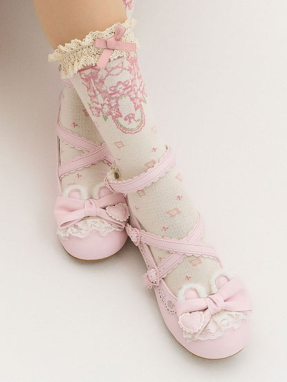 Bear Design Lolita Ear - Sweet Buttons Plush Janes Heart Adjustable Mary Crisscross with Bow Pink PU Snap