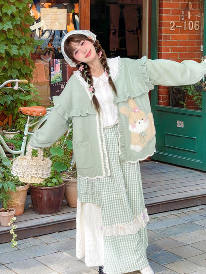 モリケイ グリーン チェック柄 ニット 花柄 蝶結びディテール スカート