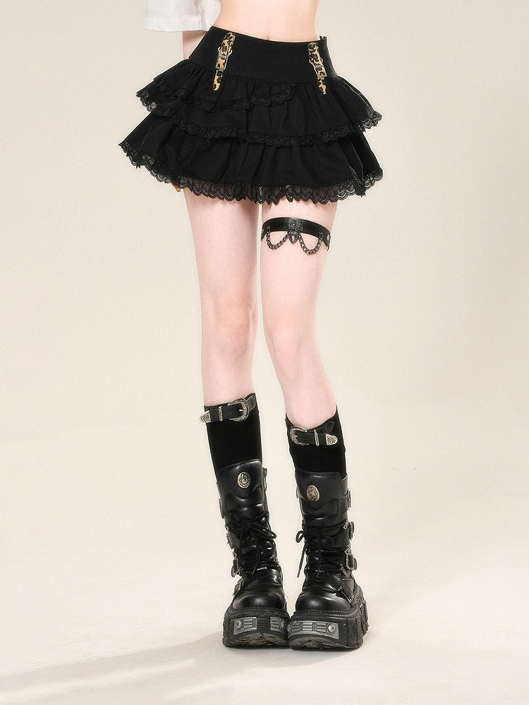 Buckle Glamorous Black Lace Straps Trim Tiered Skirt Leopard