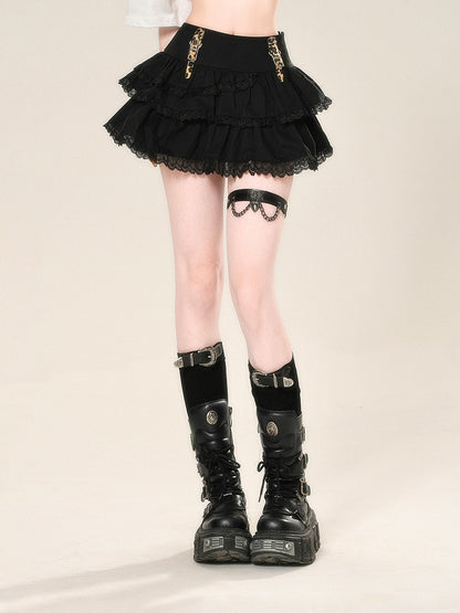 Buckle Glamorous Black Lace Straps Trim Tiered Skirt Leopard