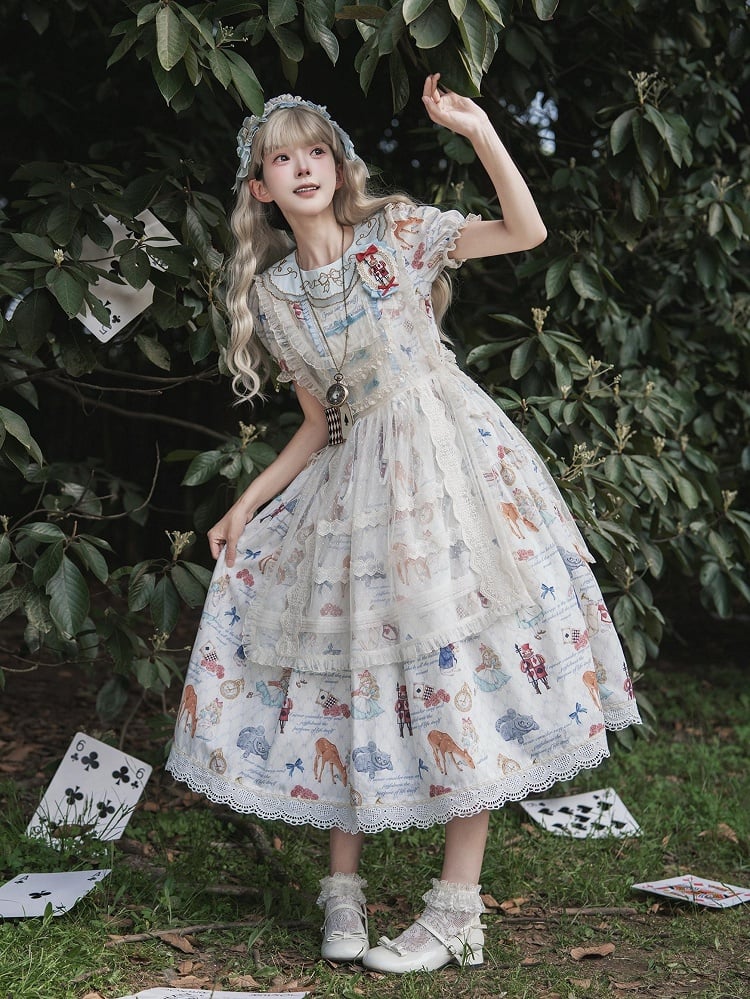 Azure Alice in Wonderland Print Round Neck Sweet Gown with Drawstring Waist - Forest Fairy Tales