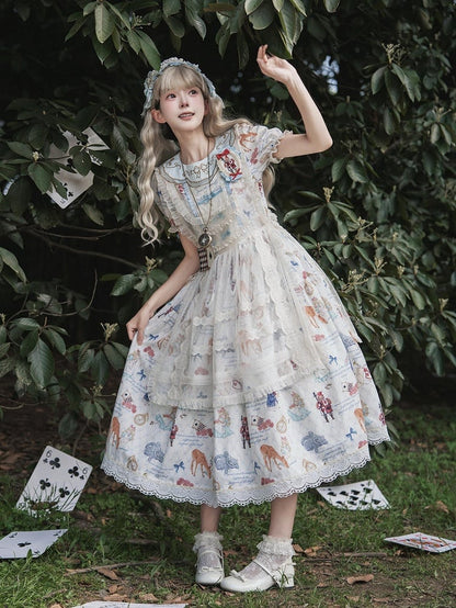 Azure Alice in Wonderland Print Round Neck Sweet Gown with Drawstring Waist - Forest Fairy Tales