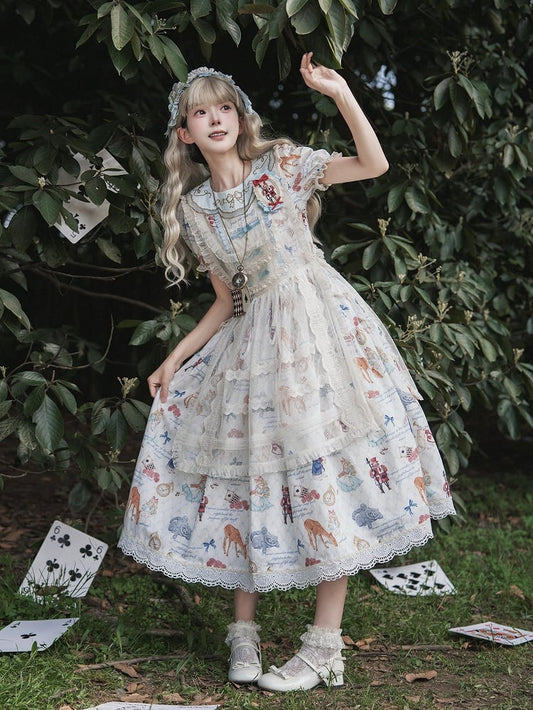 Robe longue Azure Alice au pays des merveilles, imprimée, col rond, taille froncée - Contes de fées de la forêt