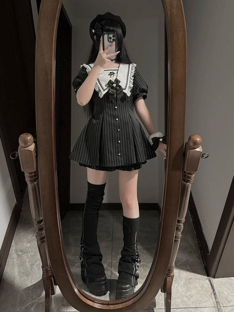 Black Striped Lace Sailor Collar Dress with Cherry Blossom Print and Shorts Set - Dream Core Waves