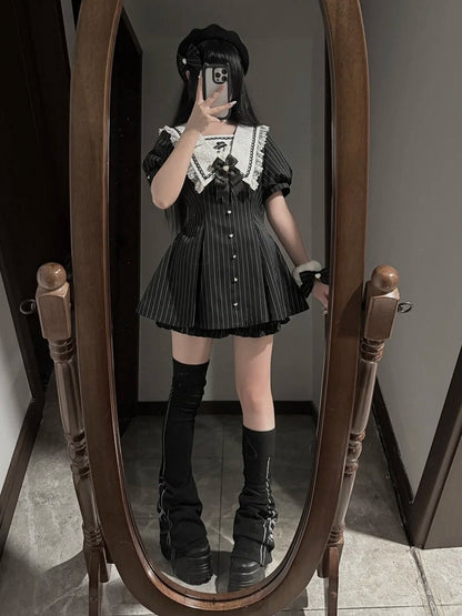 Black Striped Lace Sailor Collar Dress with Cherry Blossom Print and Shorts Set - Dream Core Waves