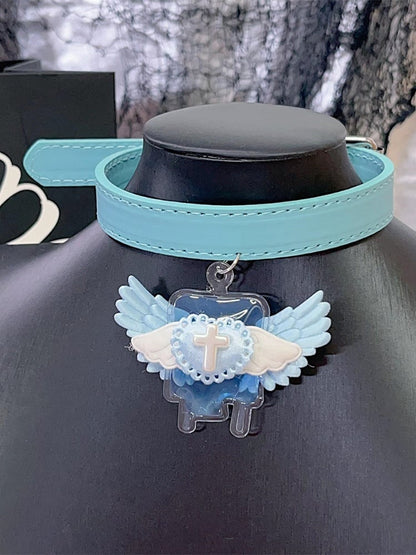 Blau/Rosa Jirai Kei Engelsflügel mit Kreuz-Halsband