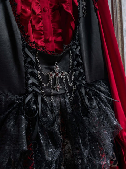 Bust Skull Short Gothic Spider Red and Under Rosette Lolita JSK Overlay with Dress Print Web