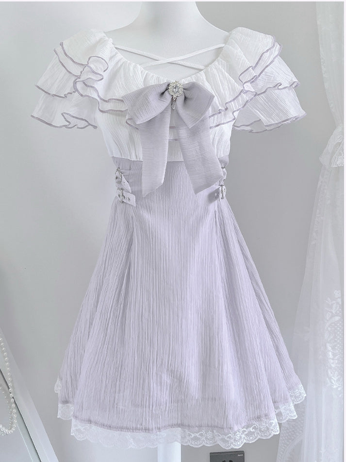 Dress with Flounce Waist Jirai Buckles Bowtie Hem Heart Version Neckline Tiered Lavender Short Kei