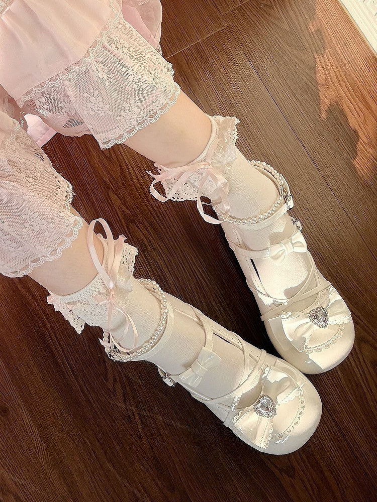 Sweet Crisscross PU Accents Bow Lolita Low-heel with White Straps Shoes