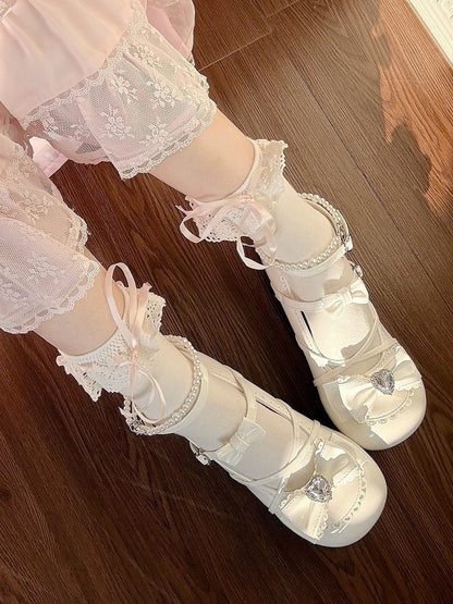 Sweet Crisscross PU Accents Bow Lolita Low-heel with White Straps Shoes