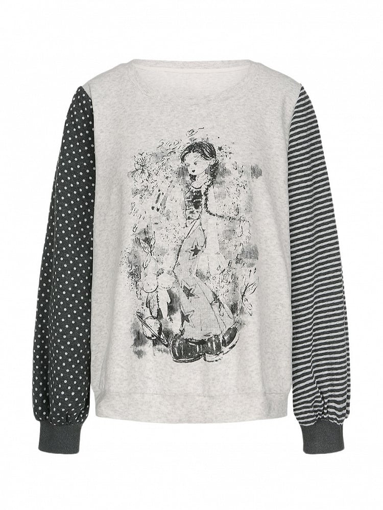 Print Anime with Girl Polka Size Striped Y2K Sleeve White Top Plus Dot