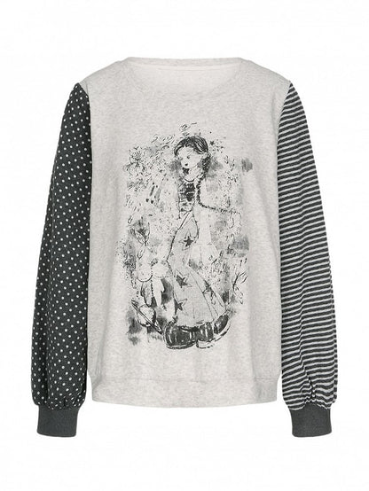 Print Anime with Girl Polka Size Striped Y2K Sleeve White Top Plus Dot