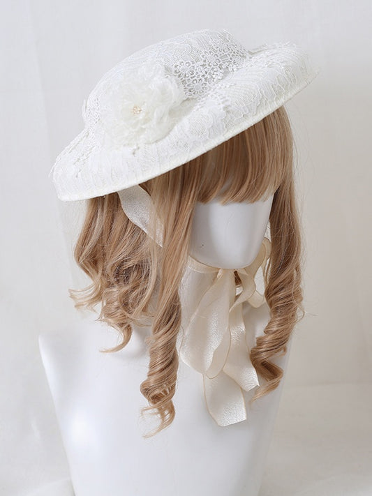 Vintage Hat Lolita Dusty With Pink / Flower Flat Decorations White