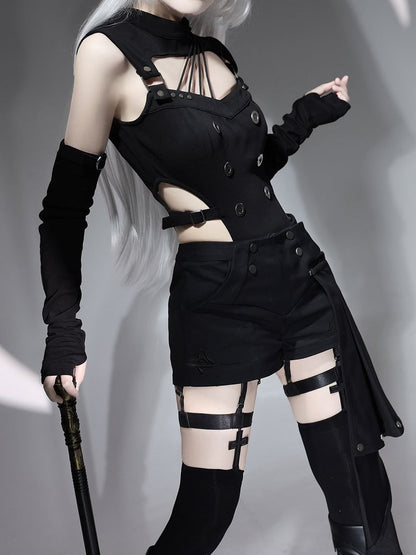 Black Asymmetrical Gothic Lolita Set with Metal Buckles - Unknown Star