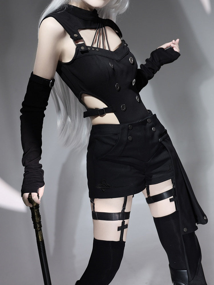 Gothic Lolita Black Top with Asymmetrical Design, Metal Buckle Detail, Shorts and Wrist Cuffs Set - Unknown Star