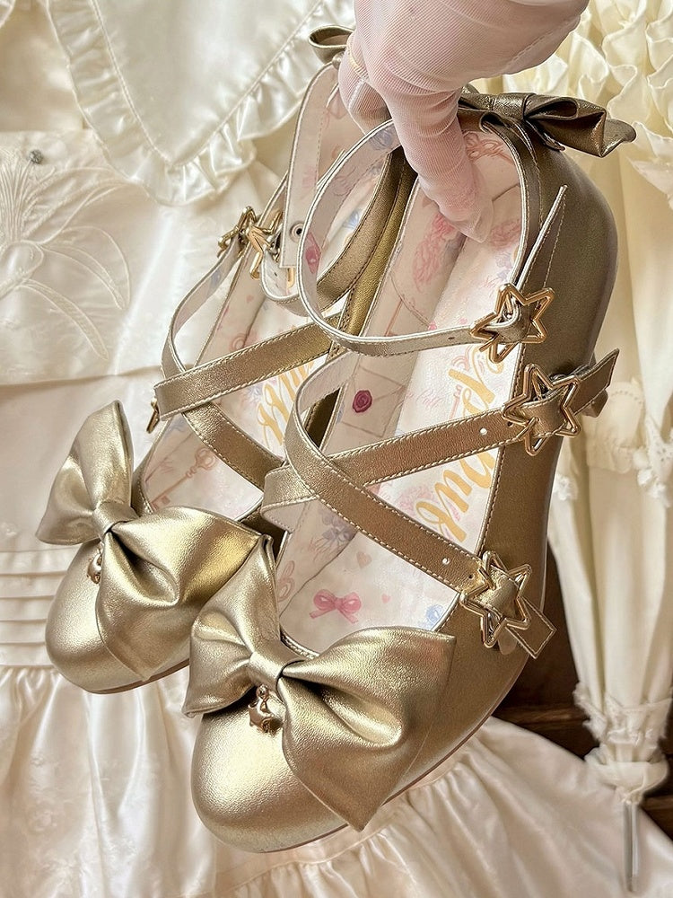 Top Bow at Sweet Starry Golden High-heel Lolita Shoes Buckles