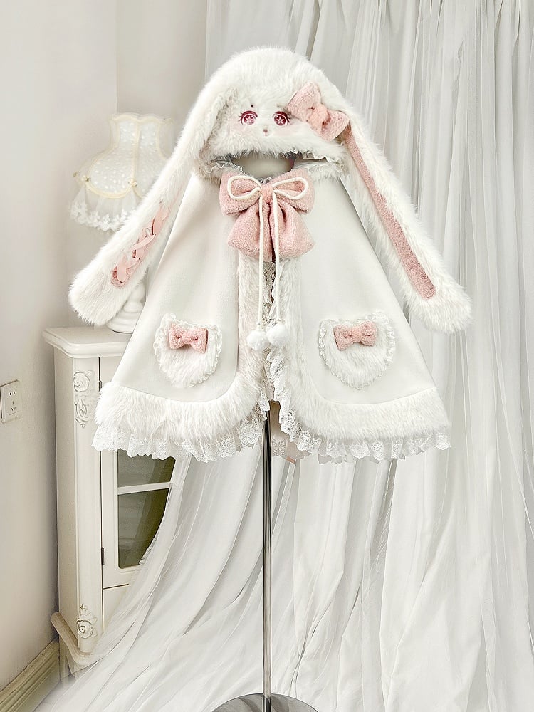 Plush Hooded Lace Oversized with Bunny Bows Winter and Pink White Ears Cape Trim