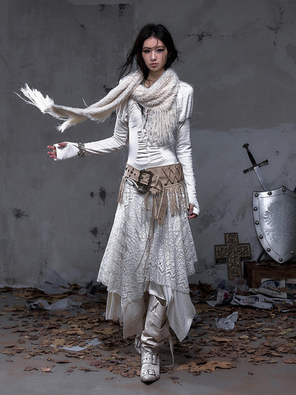 Punk Beige Juliette Sleeves Knit with Studded Dress Handkerchief Tiered Waist Hem