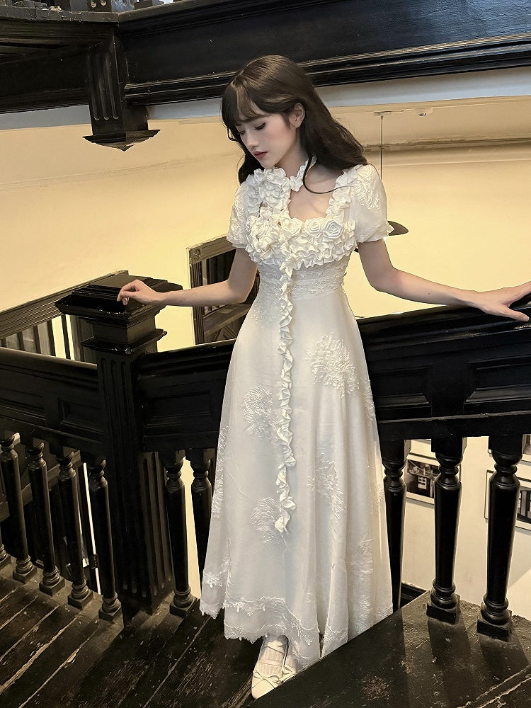 Quadratische verzierte Taille Rosen Elegant Empire Stück Ausschnitt weißes Kleid One Lolita