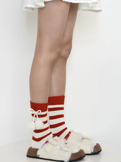 Decorations Calf White Striped with Pattern Pom-Pom and Socks Red