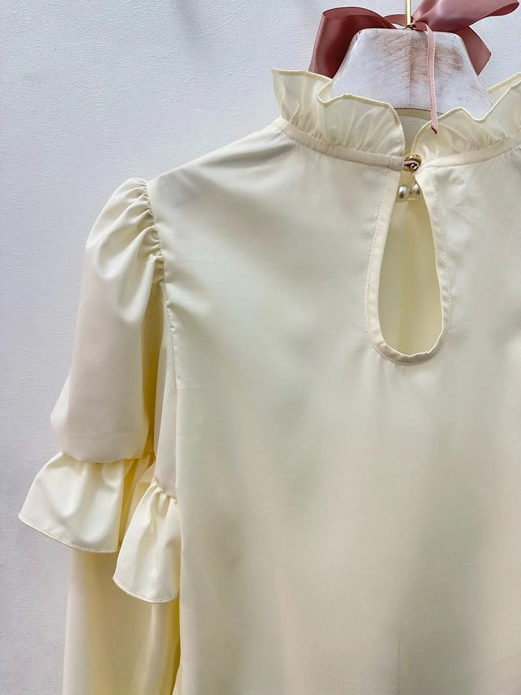 Creamy Ruffle Neckline Long Sleeves Blouse