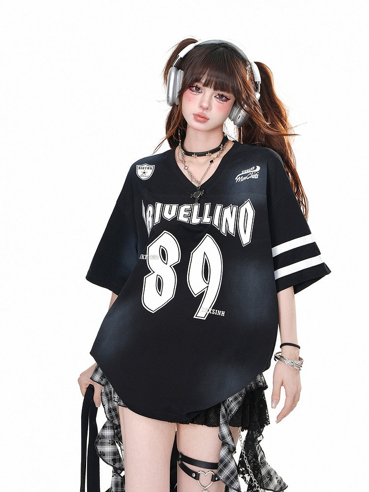 Black V-neck Number Print Loose T-shirt