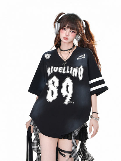 Black V-neck Number Print Loose T-shirt