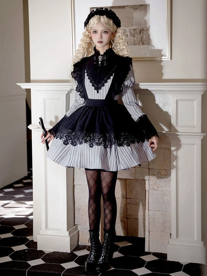 Light Gray Striped Pattern Nun Juliette Sleeves Banded Collar Gothic Lolita Dress Short Version
