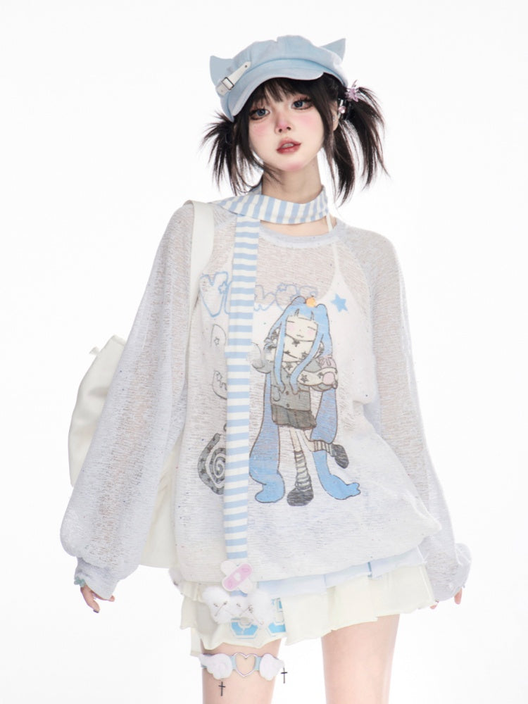 デザインカラーブロックカバーアップ ブルー/ピンク ラウンドネック 漫画ガールプリント セミシアー