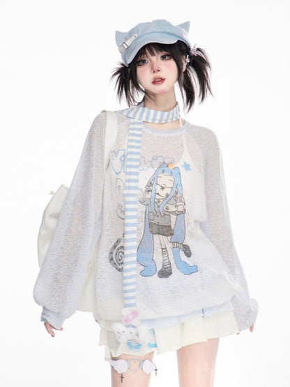 デザインカラーブロックカバーアップ ブルー/ピンク ラウンドネック 漫画ガールプリント セミシアー