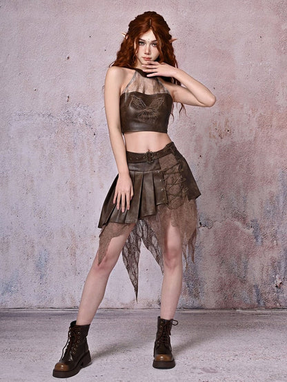 Skirt Punk Dark Pleated Wasteland Handkerchief Chains Brown Decorated