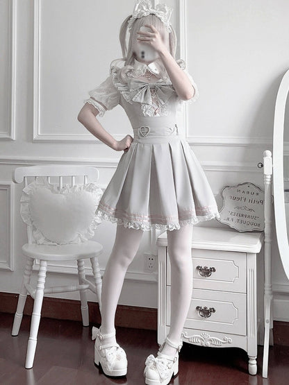 Landmine Style Gray & Pink Short Sleeve Box-Pleated Dress with Lace and Bow Details - Virtual Paradise