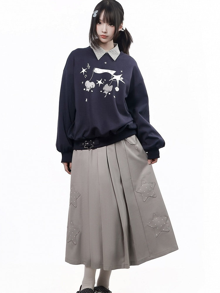 Kawaii Gray Pleated Long Skirt with Star Patch Accents - PINK SAVIOR