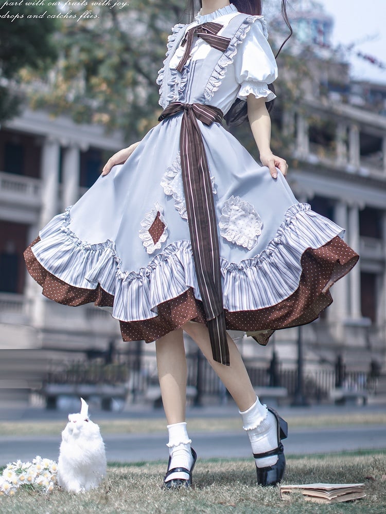 Puff Sleeves Blouse with White Pleating Details Neckline Ruffle