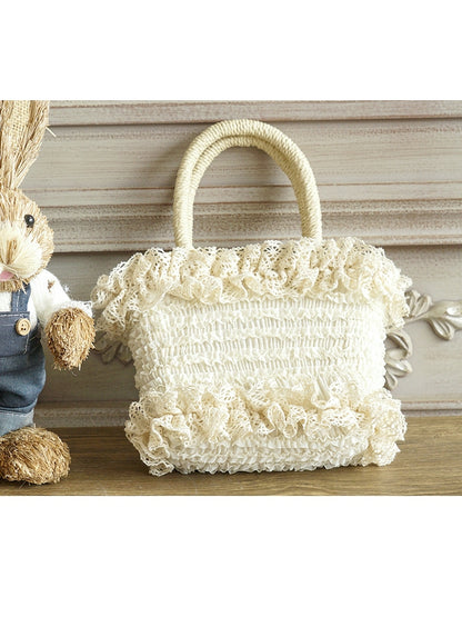 Lace-Trimmed Woven Ruffled Beige/Pink Handbag Rural