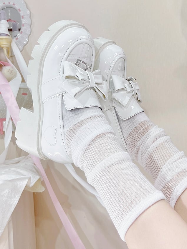 Featuring with White Kei High Bow Block Loafers Polished - Heels Charm PU Jirai Heart Slip-On