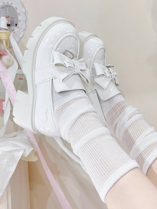 Featuring with White Kei High Bow Block Loafers Polished - Heels Charm PU Jirai Heart Slip-On