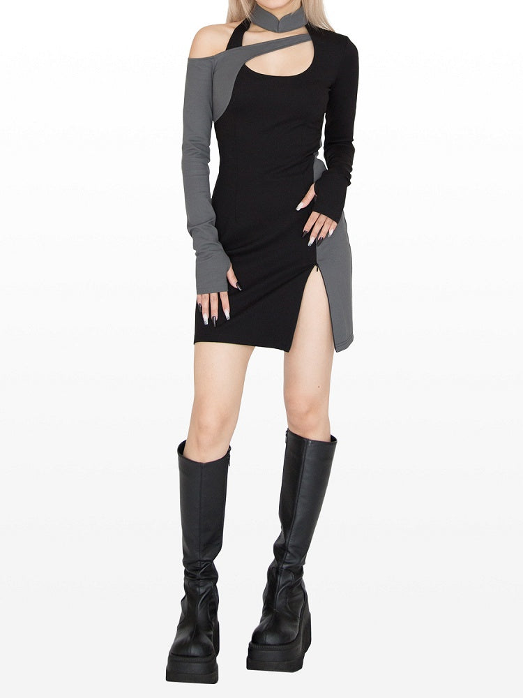 Cyberpunk Schwarz &amp; Grau Stehkragen Cutout Detail Seitenschlitz Glamouröses Kleid